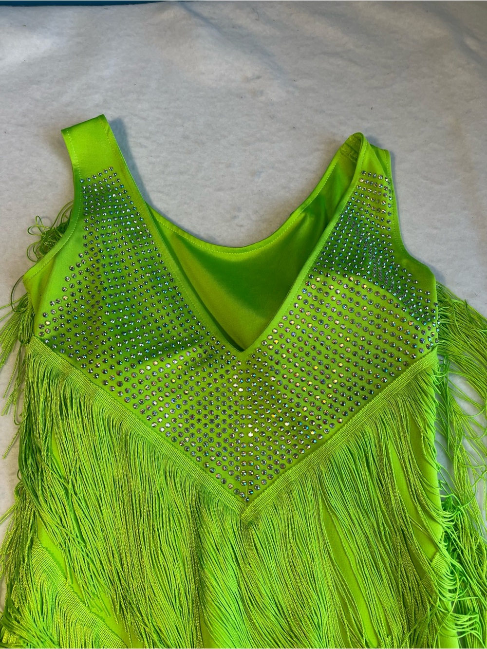 Neon Lime Green Latin Salsa Ballroom Fringe Rhinestone Dance Dress | S/M - Picture 5 of 9